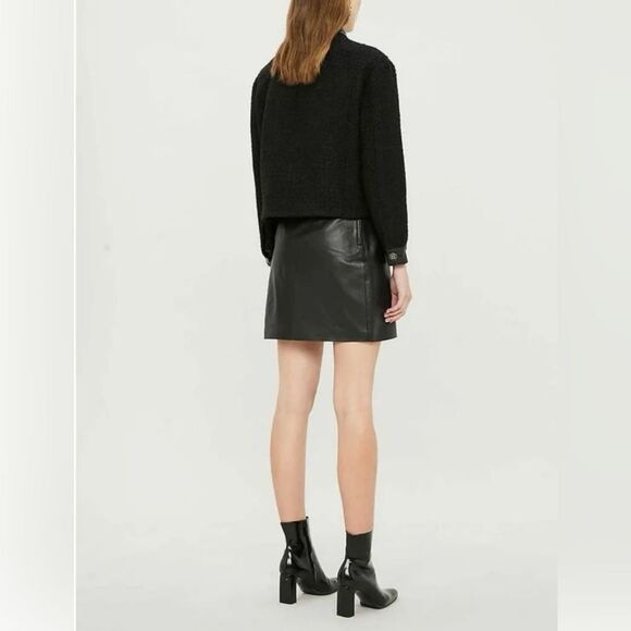 Sandro Black Cropped Leather Trim Button Front Tweed  Boucle Jacket Size 10 - Picture 5 of 17